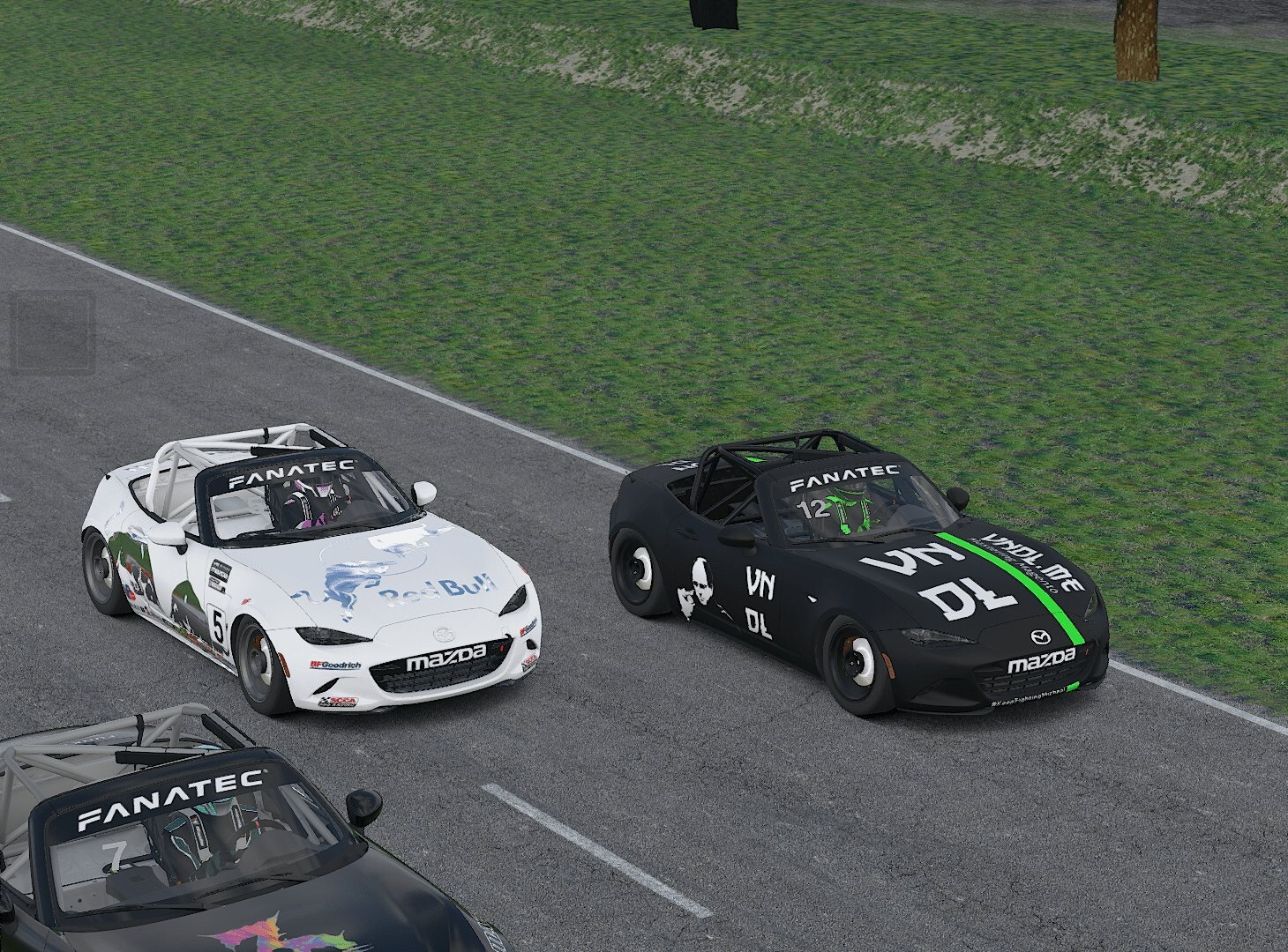 Zwei MX-5-Cup-Autos nebeneinander in iRacing, eines in schwarz-grüner Sponsoren-Livery